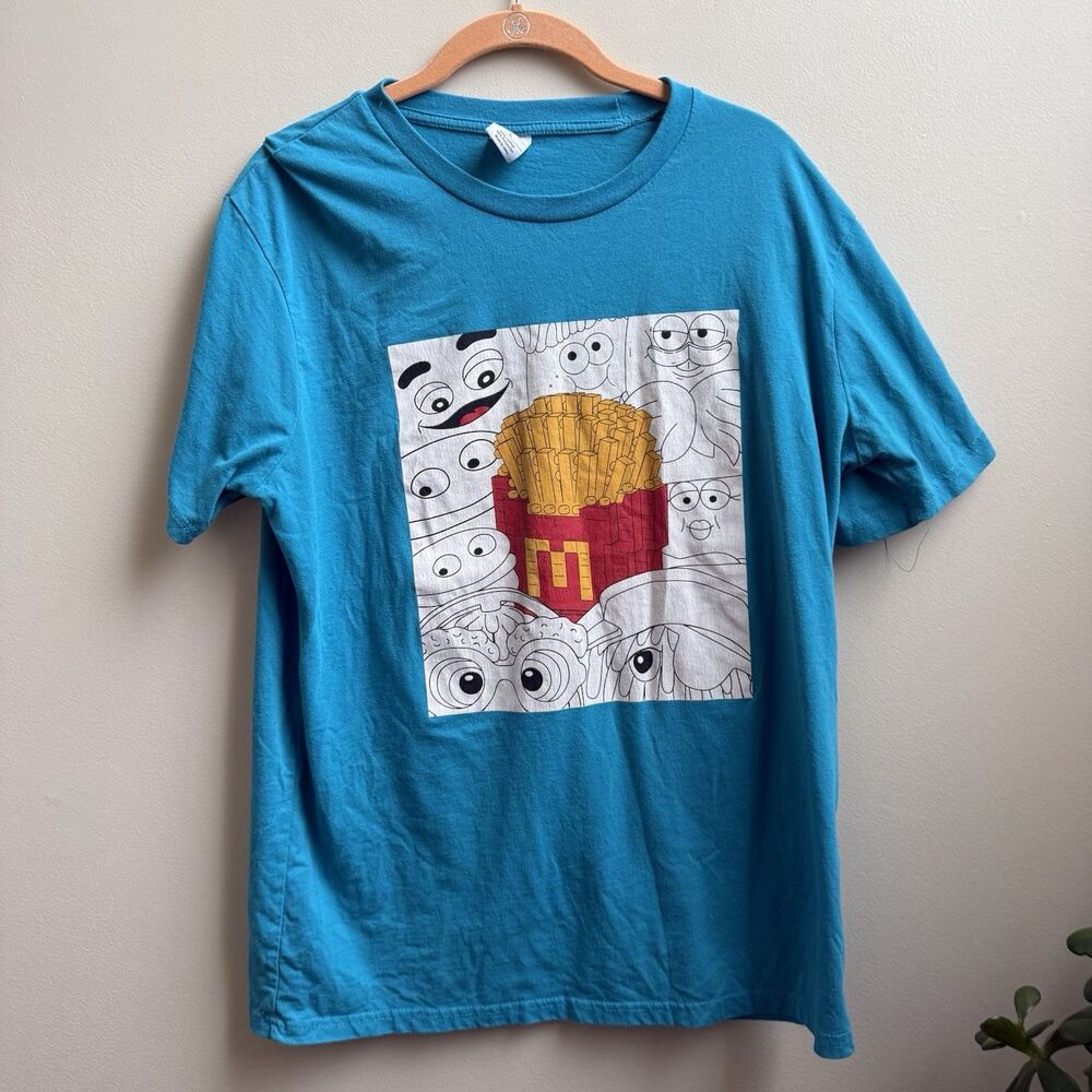 McDonalds Teal Blue Graphic T-Shirt Large French Fries Character Print Crewneck